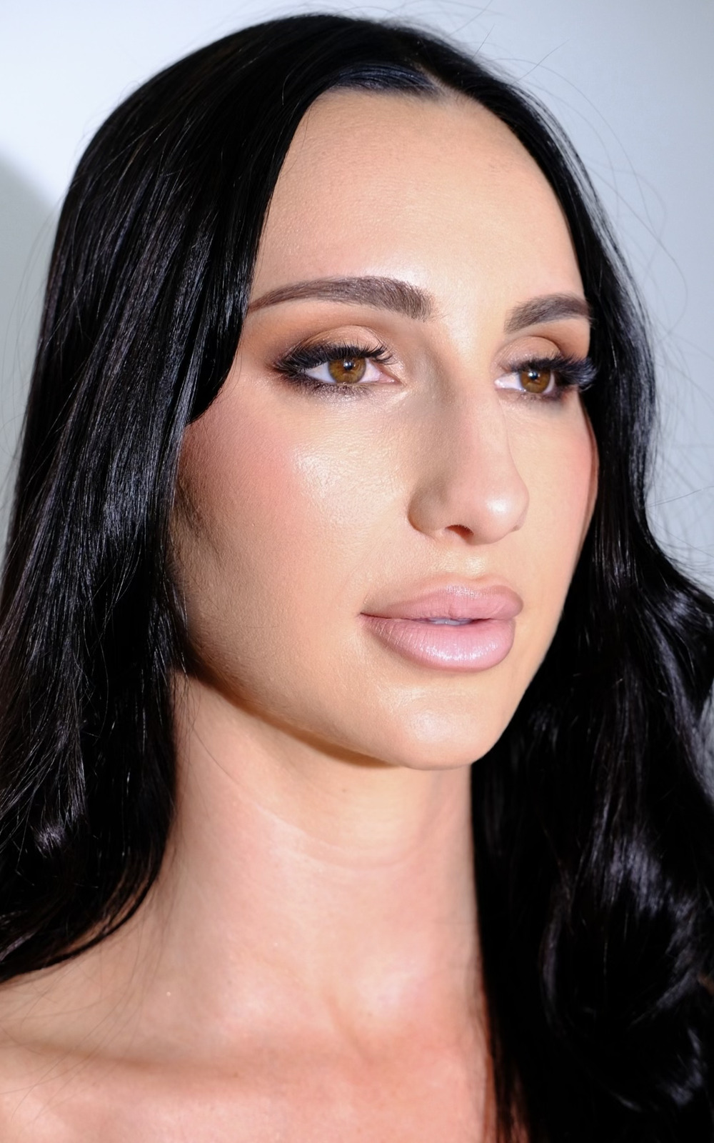 Dewy neutral glam makeup with soft glossy lips
